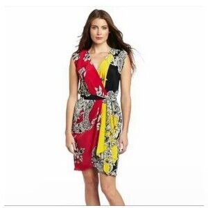 Yoana Baraschi size 4 Multicolor Floral Pink Yellow Black Faux Wrap Dress